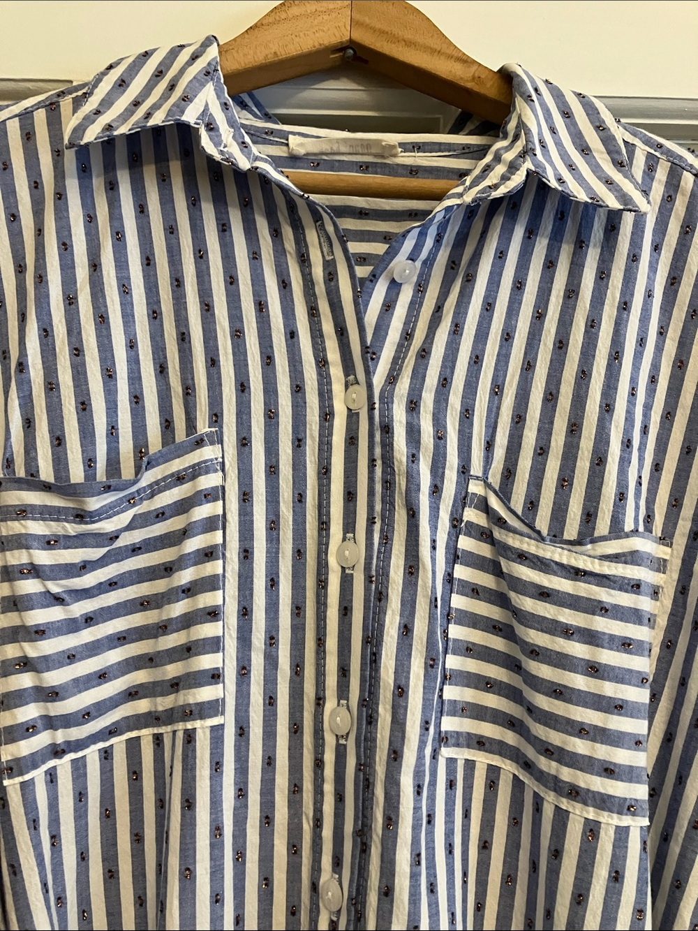 Striped Blue & White Sparkly Midi Shirt Dress with Waist Tie Made in France 🇫🇷